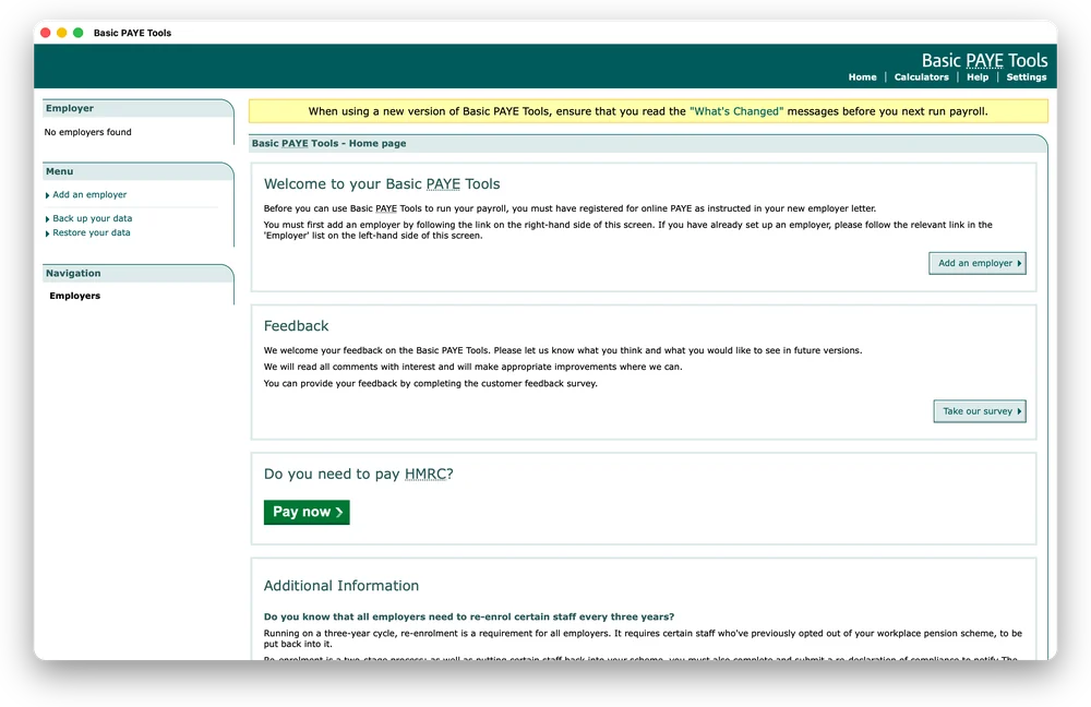 HMRC’s Basic PAYE Tools home page open in its own Mac window, run by PayrollRTI