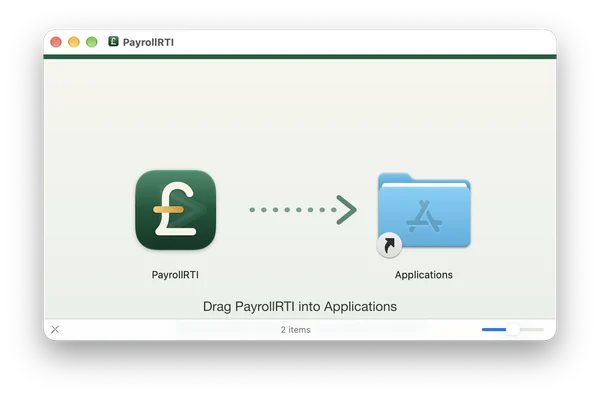 The PayrollRTI disk image window, with an arrow from the PayrollRTI icon to the Applications folder and the words Drag PayrollRTI into Applications